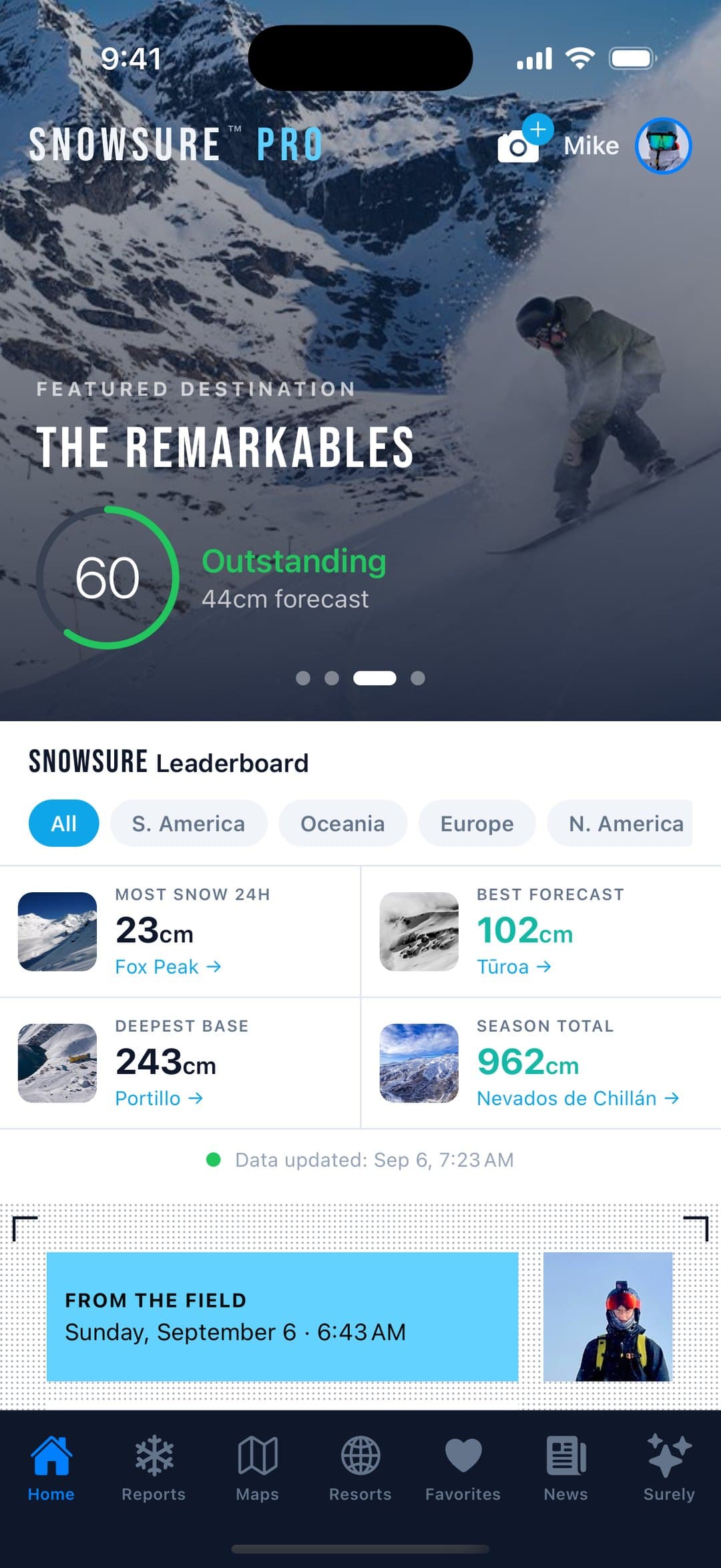 SnowSure home screen showing a featured destination with a SnowSure score and a leaderboard of resorts by fresh snow.