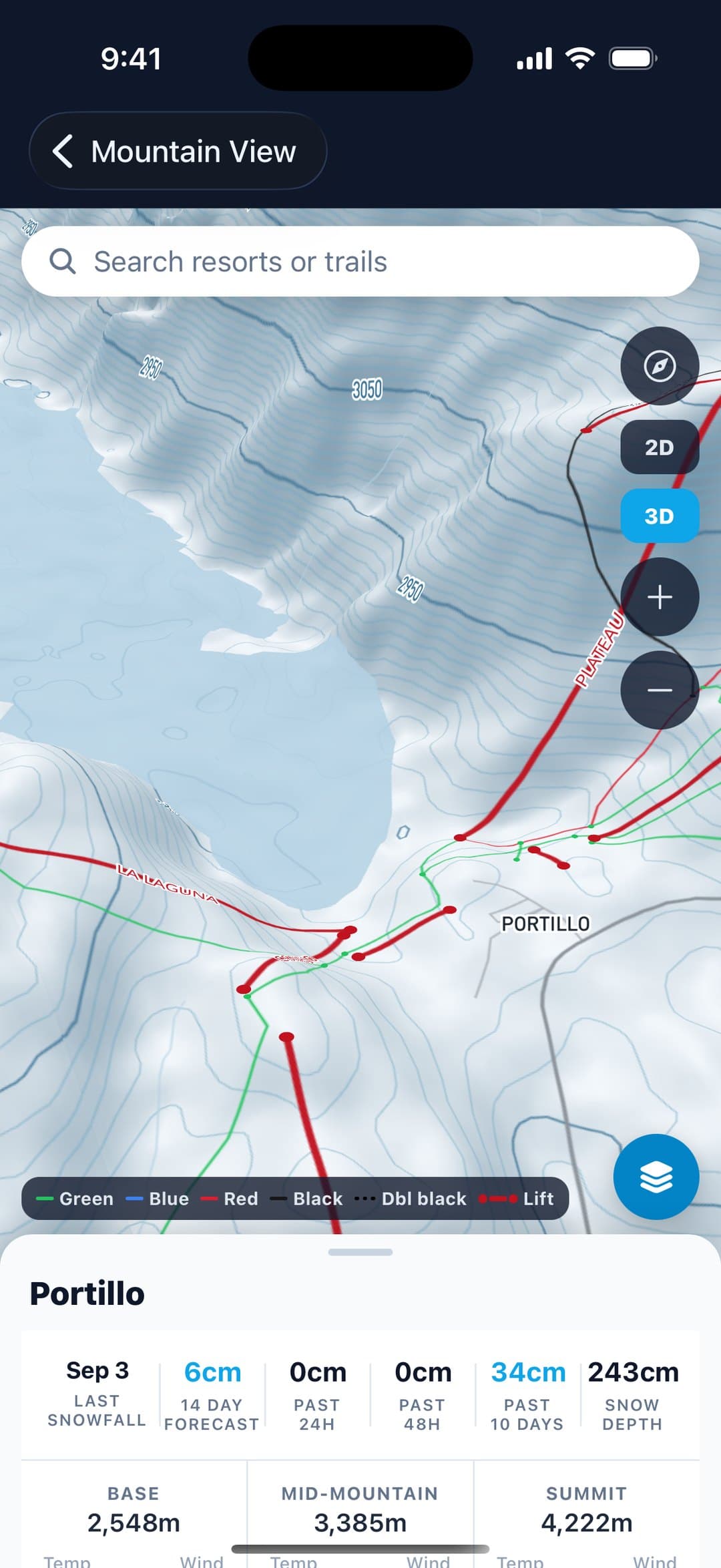 Three-dimensional terrain view of Portillo with trails and lifts drawn over the mountain and a conditions panel below.