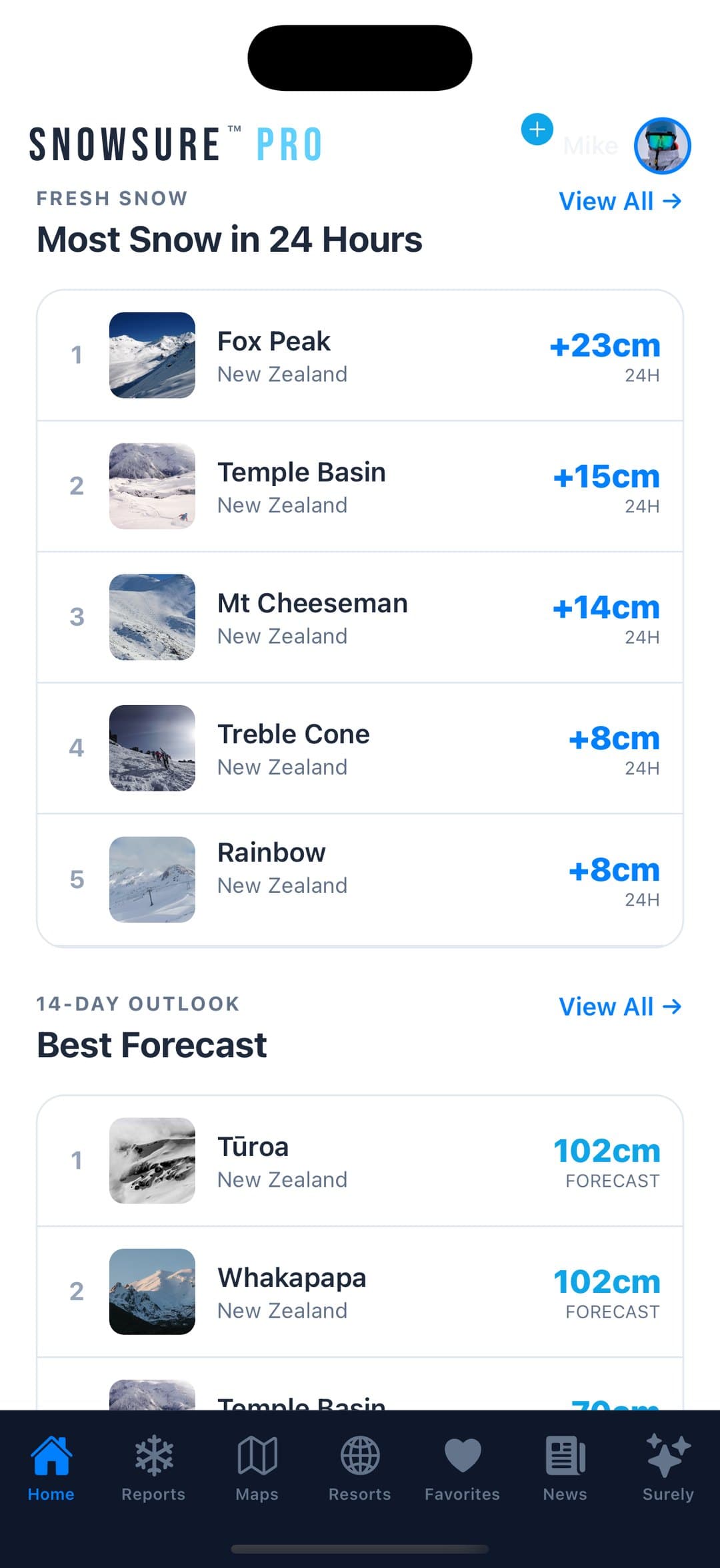 Reports screen ranking resorts by snow in the last twenty-four hours and by fourteen-day forecast.