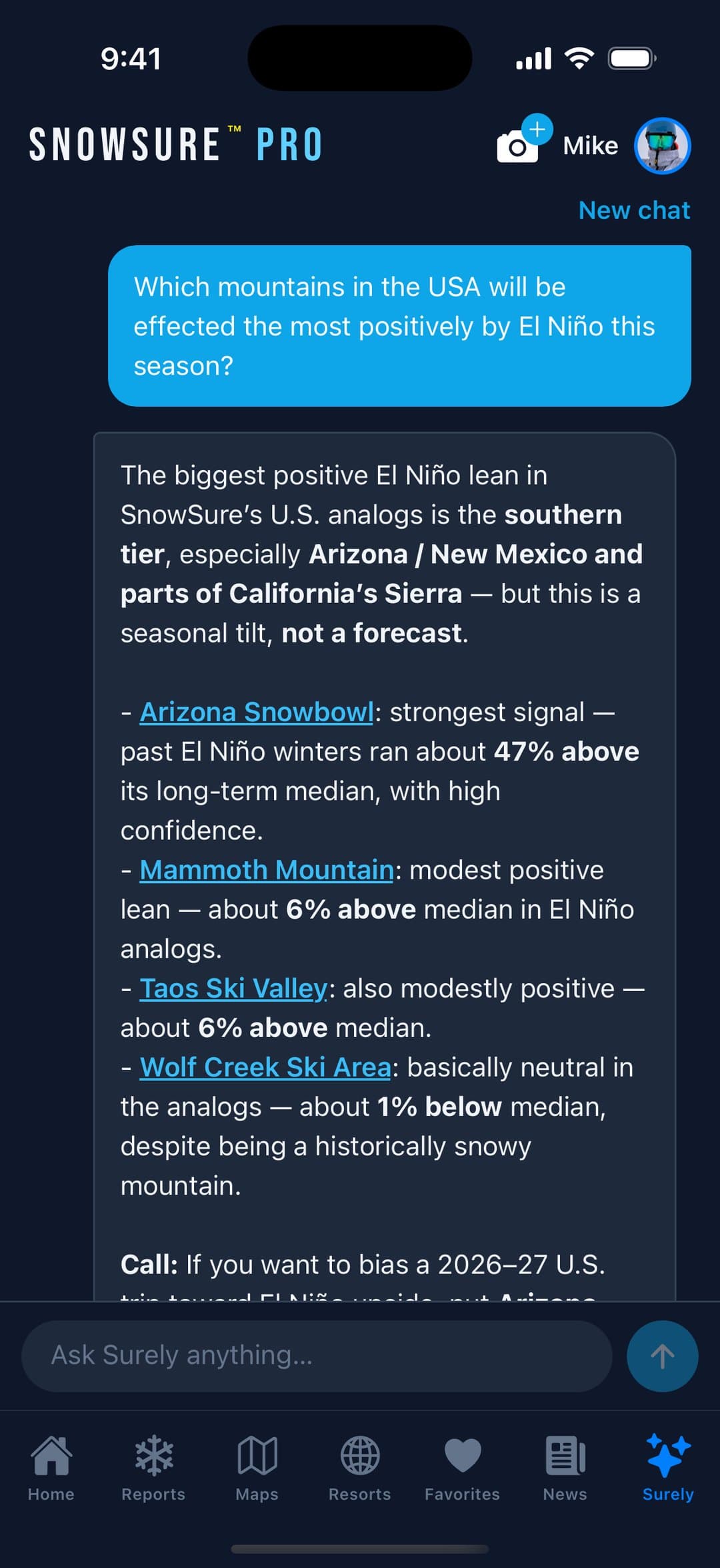 Surely conversation displaying which United States mountains benefit most from El Nino, with per-resort percentages and a stated caveat.