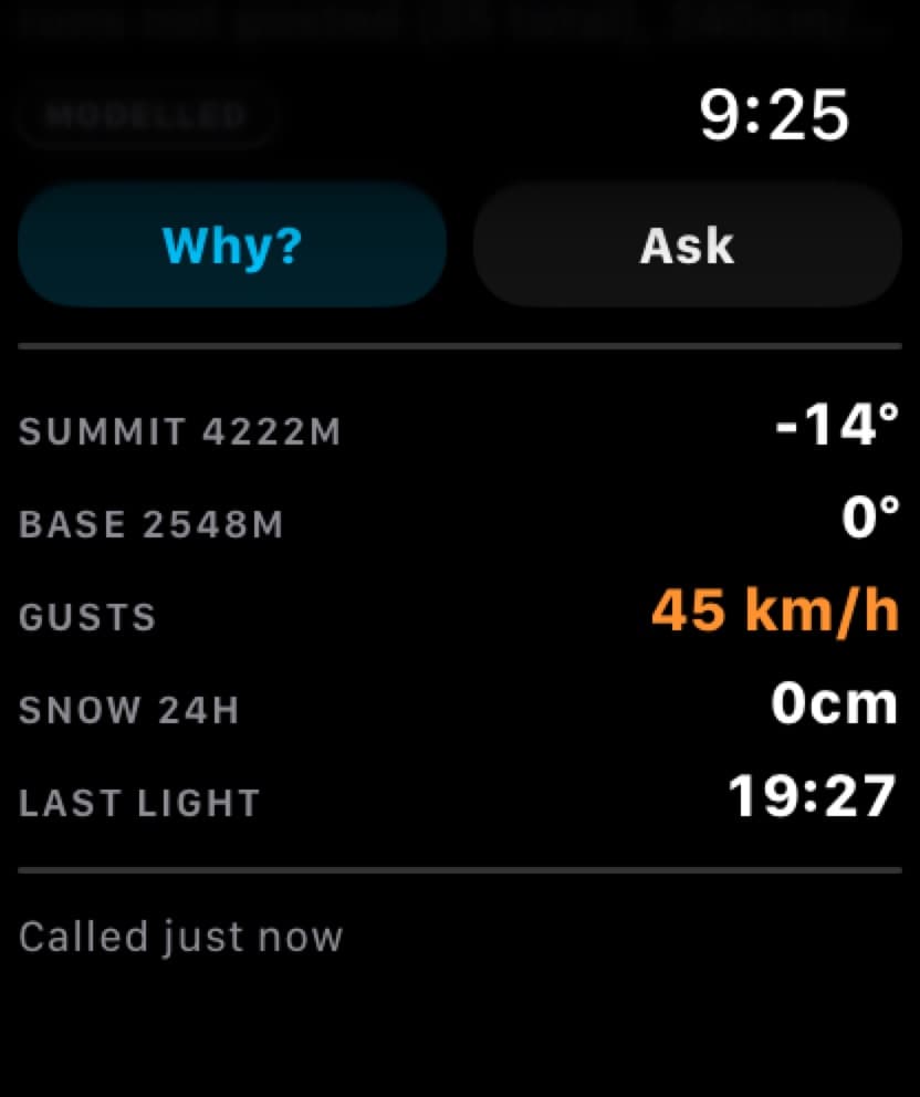 Apple Watch Why screen listing Portillo summit and base temperatures, 45 km/h gusts, snow in 24 hours, and last light, tagged MODELLED.